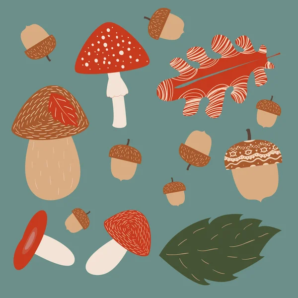 Векторные иллюстрации для охоты на грибы на бирюзовом фоне — стоковый вектор