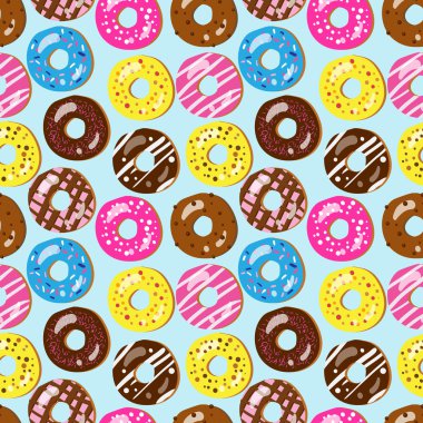 Seamless vector pattern of assorted doughnuts with different top clipart