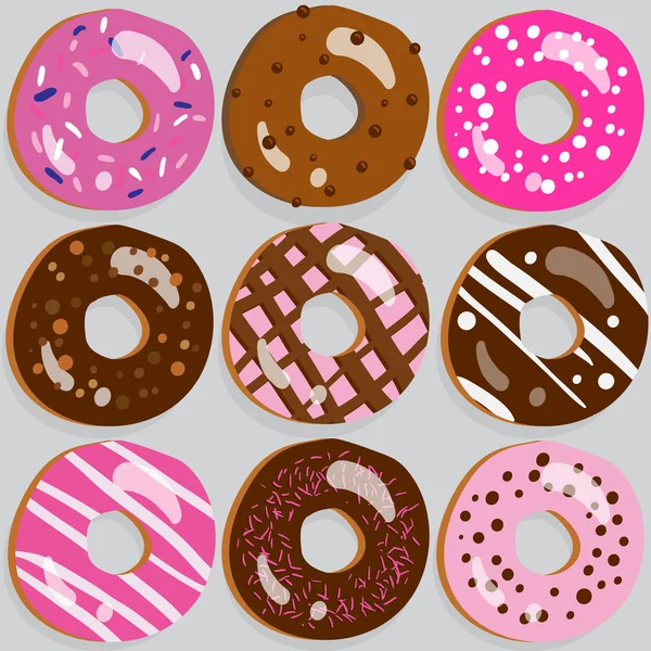 Set of 9 assorted doughnut icons with different toppings — Stock Vector