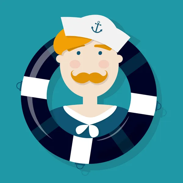 Χαριτωμένος ναύτης τζίντζερ χαρακτήρα κινουμένων σχεδίων σε ένα σωσίβιο — Διανυσματικό Αρχείο