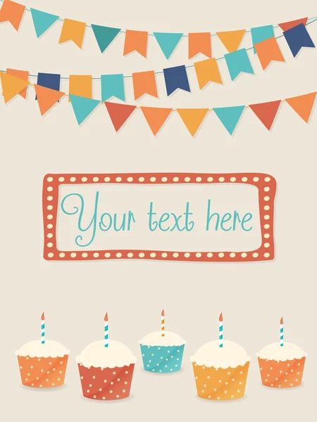 Tarjeta de cumpleaños vectorial con banderas de fiesta y cupcakes — Vector de stock