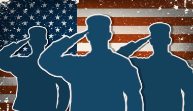 Three US Army soldiers saluting on grunge american flag backgrou clipart