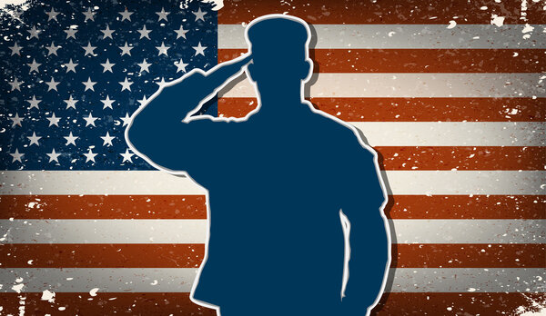 Солдат армии США на векторе заднего плана гигантского американского флага
