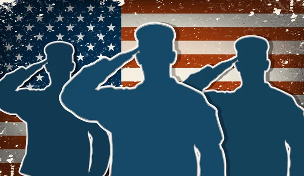 Tre amerikanska armésoldater salutera på grunge amerikanska flaggan ba — Stock vektor