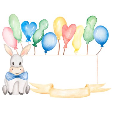 Suluboya el boyası şirin eşek ve balon çerçevesi, çocukların doğum günü çelengi çizimi, bebek partisi davetleri.