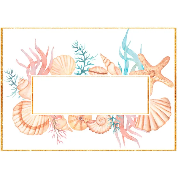 Watercolor Sea Shells Фреймворк Арт Кораловий Букет Квітів Ocean Coral — стокове фото