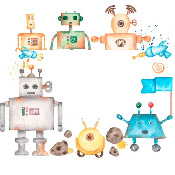 Акварель Раскрашены Милые Космические Роботы Рамка Дети День Рождения Космос — стоковое фото