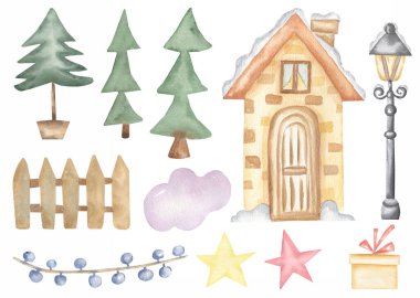 Winter House Clipart Set, Watercolor Christmas Village Illustration, firavun ağacı, karlı kasaba, Cozy Caddesi, Çocuk Tatil Evi, Vintage Xmas