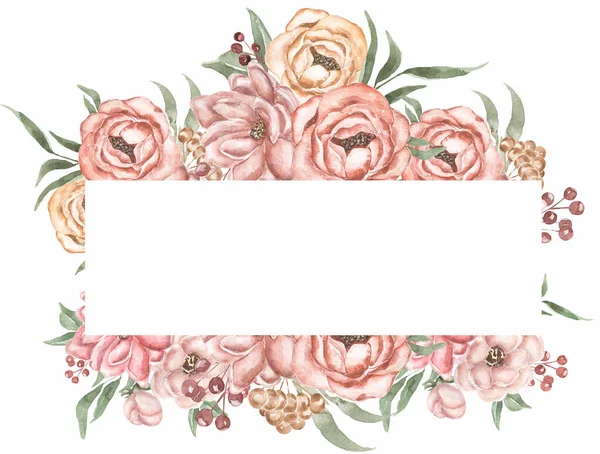 Pink Flowers Berries Wreath Clipart Watercolor Caramel Flowers Greenery Frame — Stock Photo, Image