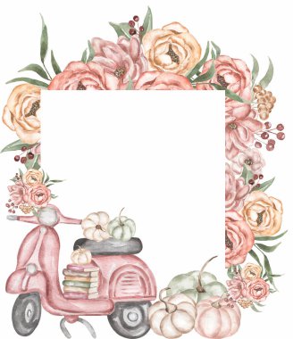 Pembe Çiçekler ve Balkabağı, kitaplar ve scooter çelengi Clipart, suluboya karamel çiçekleri ve yeşillik çerçeve çizimi, klasik çiçeklerin çerçeve çizimi, Rustik Şükran Günü sınırı, Hasat zamanı, Ulaşım zamanı