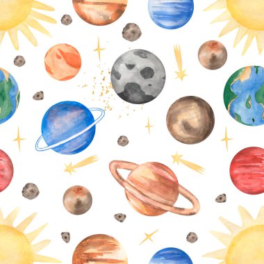 Suluboya Kağıt, Gezegenler, Yıldız, Ay, Astronot kağıdı, kumaş için tekrarlayan desen, Çocuk baskı tasarımı, kozmos baskısı, yapıştırma kitabı