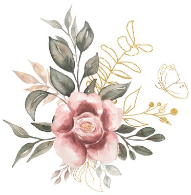 Yeşil buket Clipart, Watercolor altın dalı ve kırmızı şakayık çiçeği illüstrasyonu, yeşil gri yaprak, taç yaprak, çiçek, düğün davetiyesi, logo tasarımı