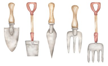 Suluboya el çizimi bahçıvanlık Clipart seti, Bahçe Sahne Düzenleyici, aletler klipsleme sanatı, tırmık çizimi, kürekler, yaba, kırsal çiftlik evi ögeleri, albüm defteri