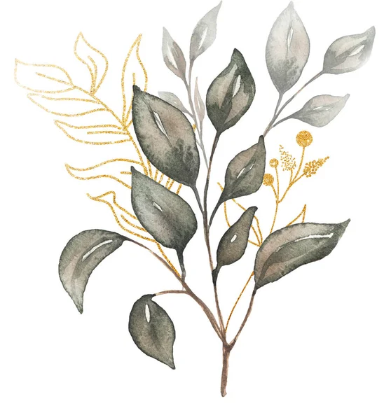 Yeşillik Buketi Clipart Watercolor Altın Dal Çizimi Yeşil Gri Yapraklar — Stok fotoğraf