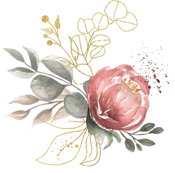 Clipart Buquê Vegetação Ramo Dourado Aquarela Vermelho Peônia Flor Ilustração — Fotografia de Stock