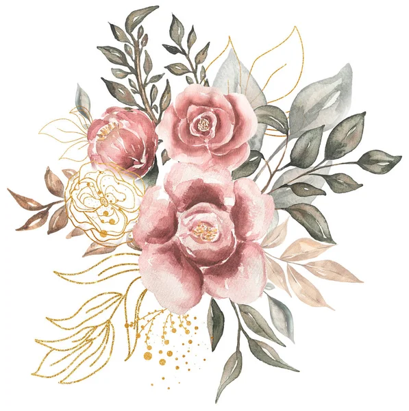 Greenery Bouquet Clipart Watercolor Golden Branch Red Peony Flower Illustration — 图库照片