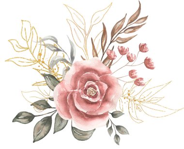 Yeşillik, altın çiçekler ve kırmızı şakayık deseni, suluboya okaliptüs klipsleri, gri yapraklar, yeşil yapraklar, çiçek düğün davetiyeleri, logo tasarımı.