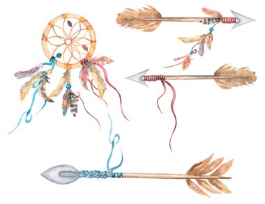 Suluboya düş kapanı ve, Boho Arrows illüstrasyon seti, tüyler klima, bebek duş grafikleri, kart yapımı, etiketler, düğün