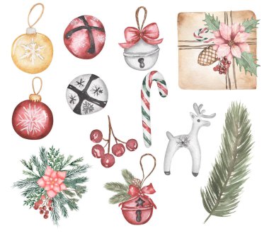 Noel unsurları seti, hediye kutusu illüstrasyonu, noel balosu oyuncakları Clipart, çiçek buketi, suluboya kış tatili partisi, çam ağacı, şirin komik zanaat, şeker, geyik balosu, Noel davetiyesi