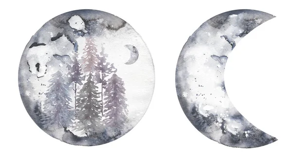 Forest Moon Illustration Set Watercolor Winter Crescent Clipart Celestial Clip — Stok fotoğraf