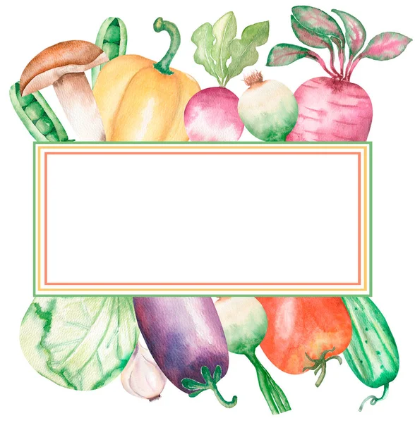 Akwarela Warzywa Ramka Clipart Kuchnia Zdrowa Granica Żywności Ilustracja Kuchnia — Zdjęcie stockowe