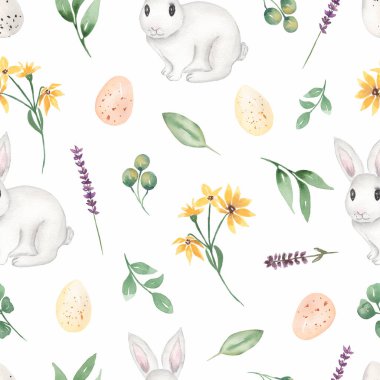 Suluboya Paskalya Kağıdı, Beyaz Tavşan deseni, yaban çiçeği desensiz desen, tavuk paskalya yumurtası, tavşan uçsuz bucaksız kağıt, kumaş için şirin baskı.