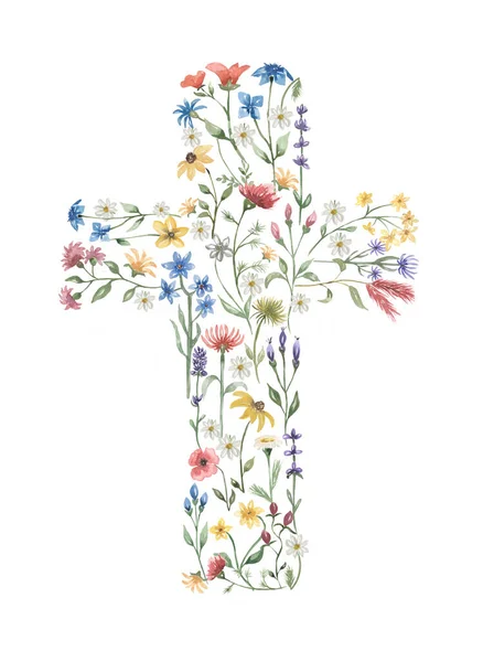 水彩イースタークロスクリップ 野の花クロスイラスト 草原の花洗礼クロス 宗教的なクリップアート 結婚式の招待状 ベビーシャワー — ストック写真