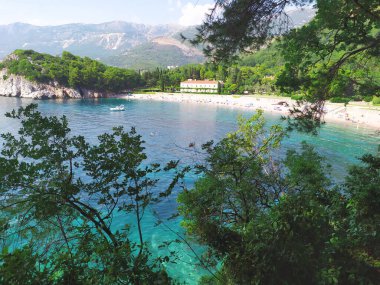 panoramic view of the turquoise lagoon surrounded by coniferous trees