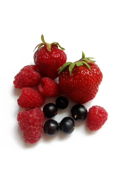 Assorted Delicious Berries White Background Strawberries Raspberries Black Currants — Fotografie, imagine de stoc