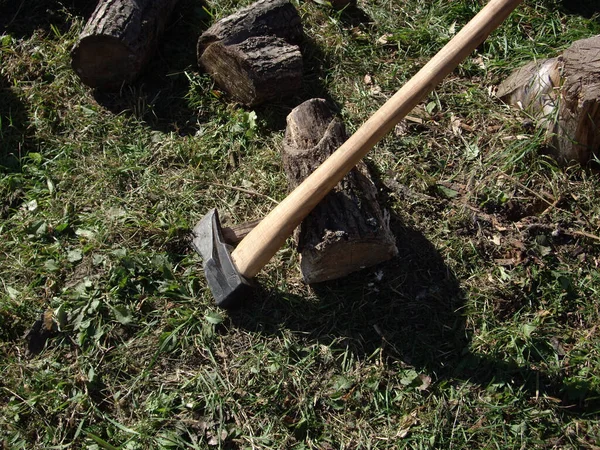 Hout Hakken Van Palen Voor Winter Voor Een Kachel — Stockfoto