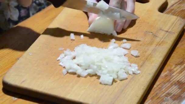 Krojenie Cebuli Nożem Kuchennej Desce — Wideo stockowe