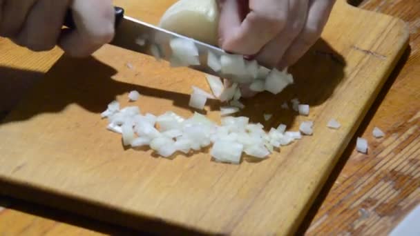Slicing Onions Knife Kitchen Board — Video Stock