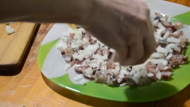 Sprinkle Onions Chopped Herring Salad — Stock Video