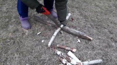 Kadın, ormandan getirerek, bir el testeresiyle odun kesiyor.