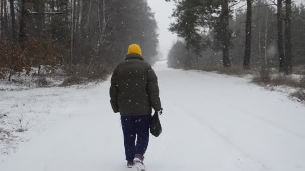 Woman Walks Away Snowy Road — 图库视频影像