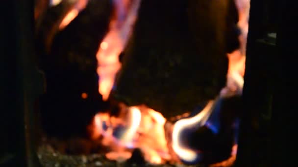 Dřevo Topení Hoří Ohništi Litinového Sporáku Vytápění Místnosti — Stock video