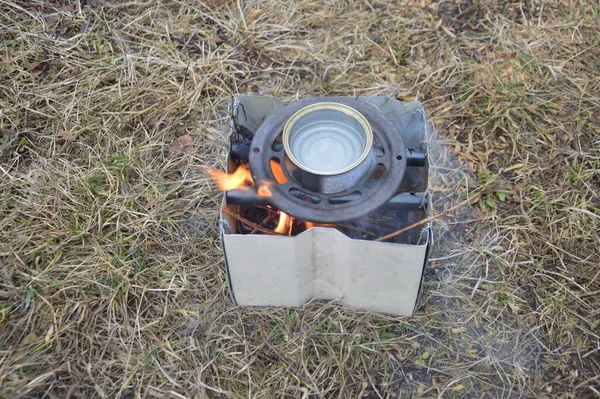 Metal Stove Burning Wood Chips Firewood — Stock Photo, Image