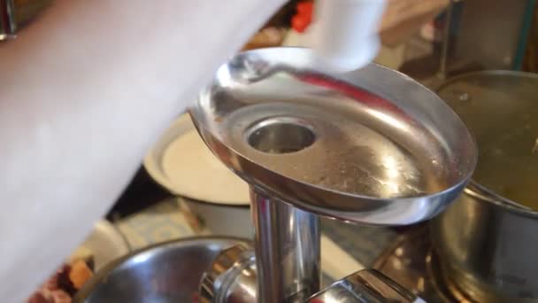 Electric Meat Grinder Makes Minced Meat — Video Stock