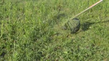 Bahçedeki çimleri biçen bir kadın el budayıcı ile