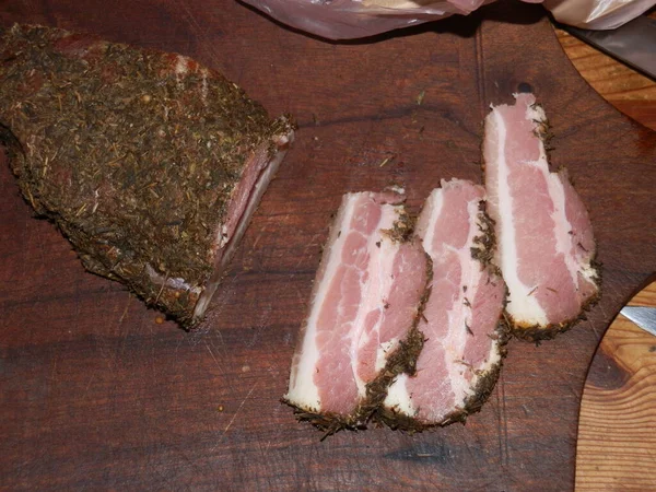 Slicing Sausages Boiled Pork — Zdjęcie stockowe