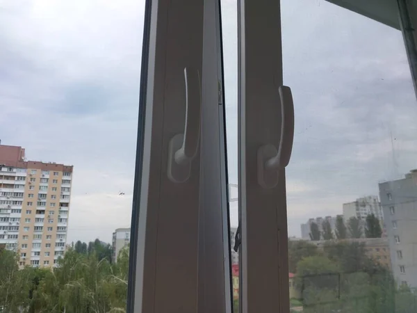 Installed Metal Plastic Windows Balcony Residential Building —  Fotos de Stock