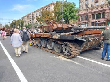 KIEV, UKRAINE - AUGUST 23, 2022: Heavy military equipment destroyed in the battle