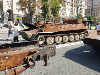 KIEV, UKRAINE - AUGUST 23, 2022: Heavy military equipment destroyed in the battle