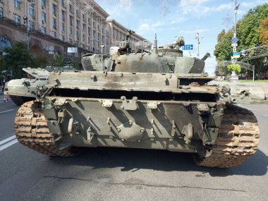 KIEV, UKRAINE - AUGUST 23, 2022: Heavy military equipment destroyed in the battle