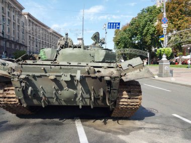 KIEV, UKRAINE - AUGUST 23, 2022: Heavy military equipment destroyed in the battle