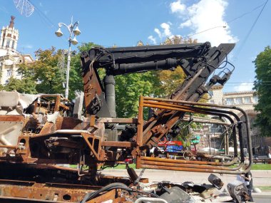 KIEV, UKRAINE - AUGUST 23, 2022: Heavy military equipment destroyed in the battle