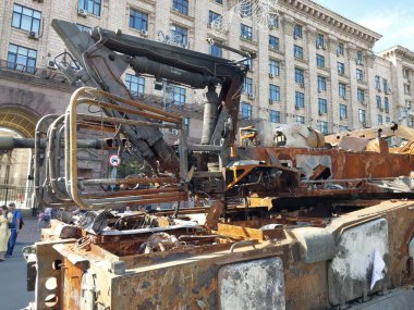 KIEV, UKRAINE - AUGUST 23, 2022: Heavy military equipment destroyed in the battle