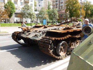 KIEV, UKRAINE - AUGUST 23, 2022: Heavy military equipment destroyed in the battle
