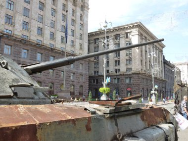 KIEV, UKRAINE - AUGUST 23, 2022: Heavy military equipment destroyed in the battle