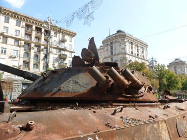 KIEV, UKRAINE - AUGUST 23, 2022: Heavy military equipment destroyed in the battle